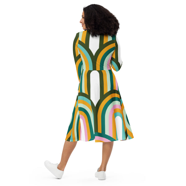 All-over print long sleeve midi dress