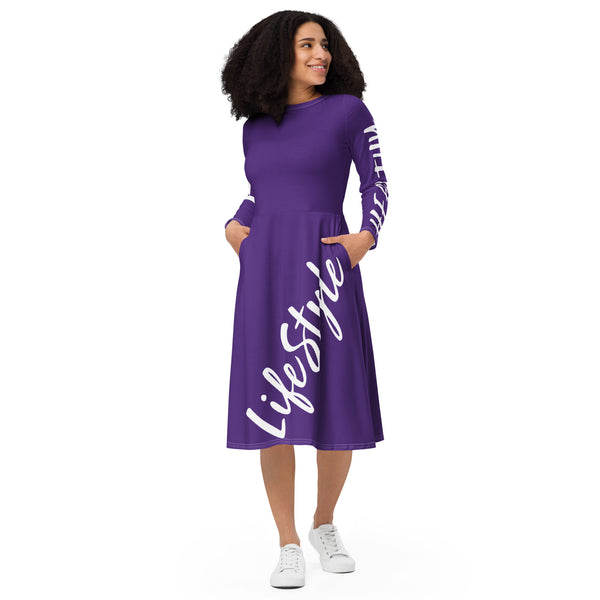 All-over print long sleeve midi dress