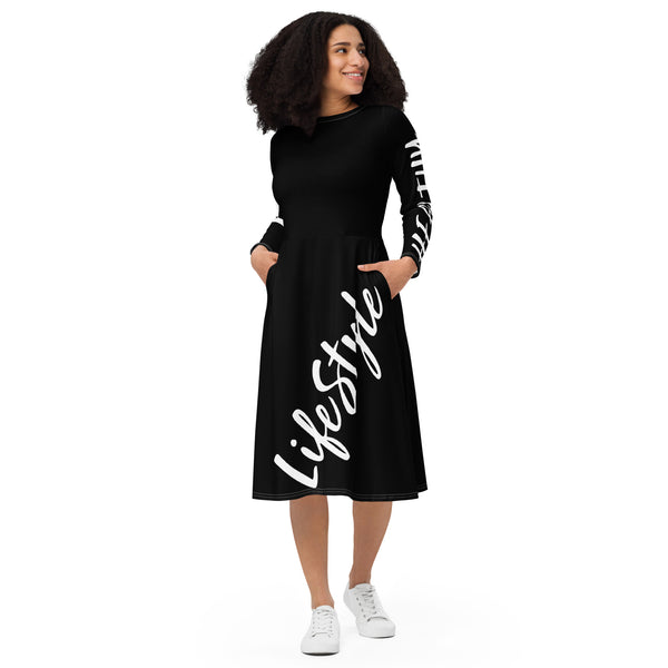 All-over print long sleeve midi dress