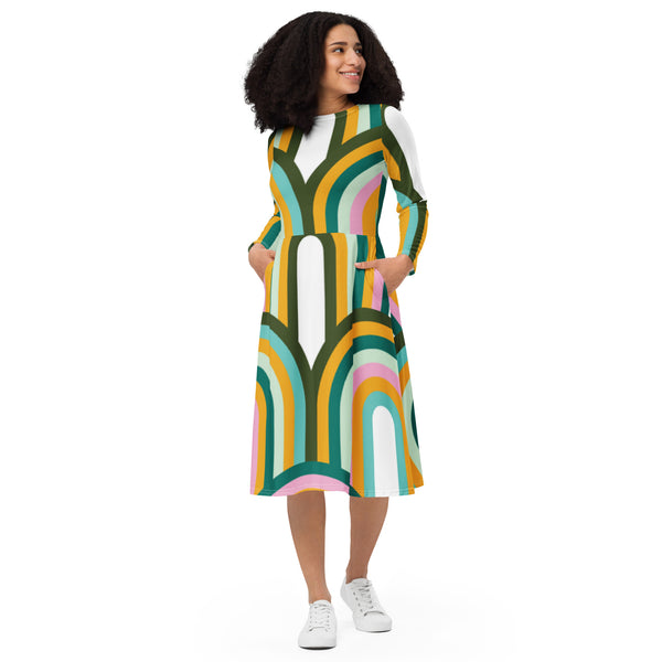 All-over print long sleeve midi dress