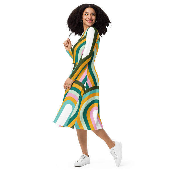All-over print long sleeve midi dress