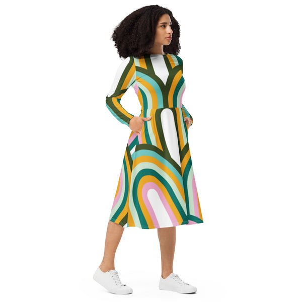 All-over print long sleeve midi dress