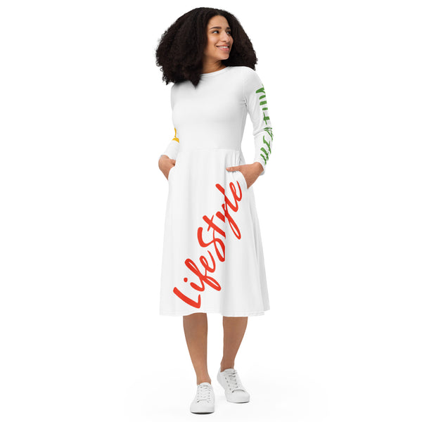 All-over print long sleeve midi dress
